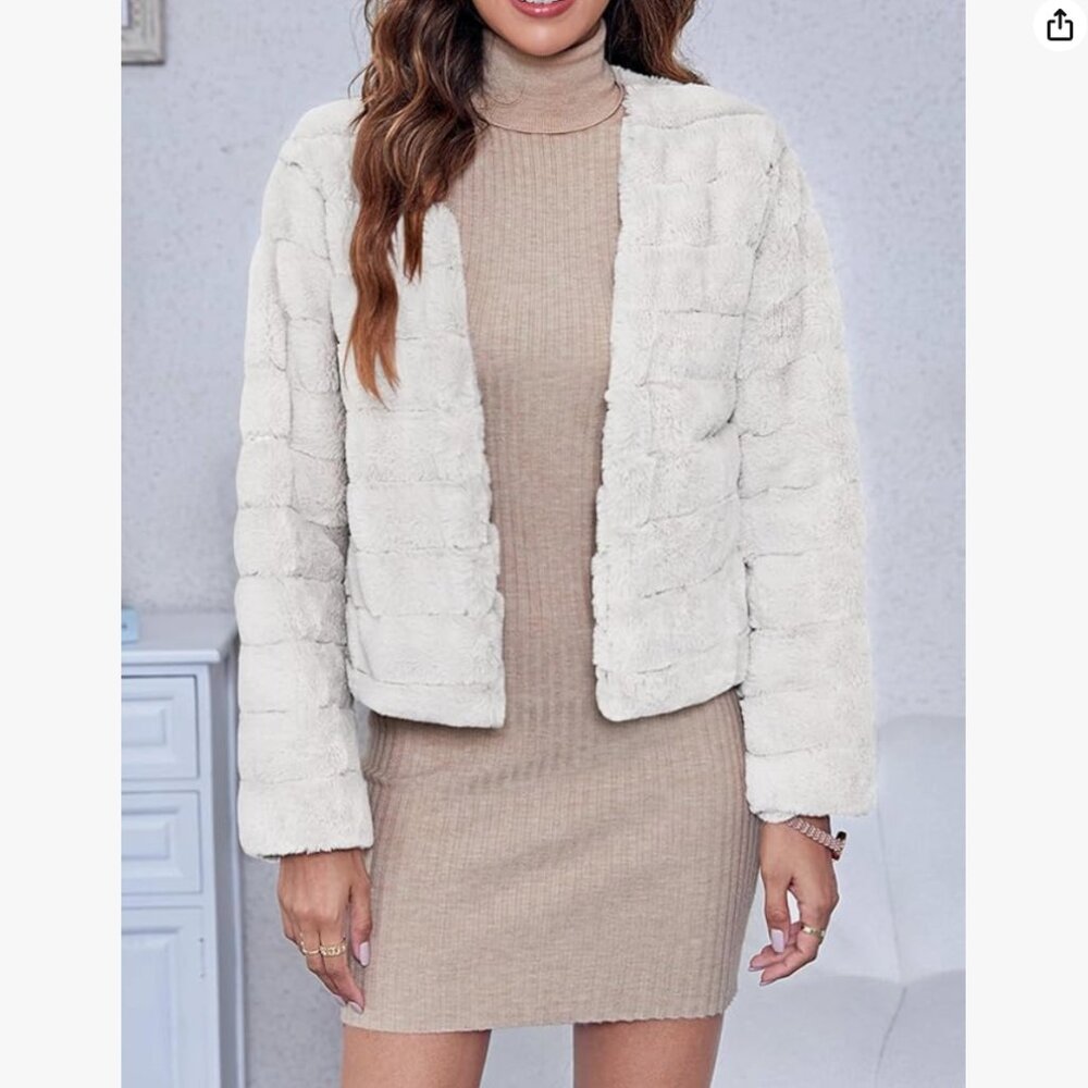 *Fashion Cropped Faux Fur Jackets Long Sleeve Open Front Fluffy Short Coats